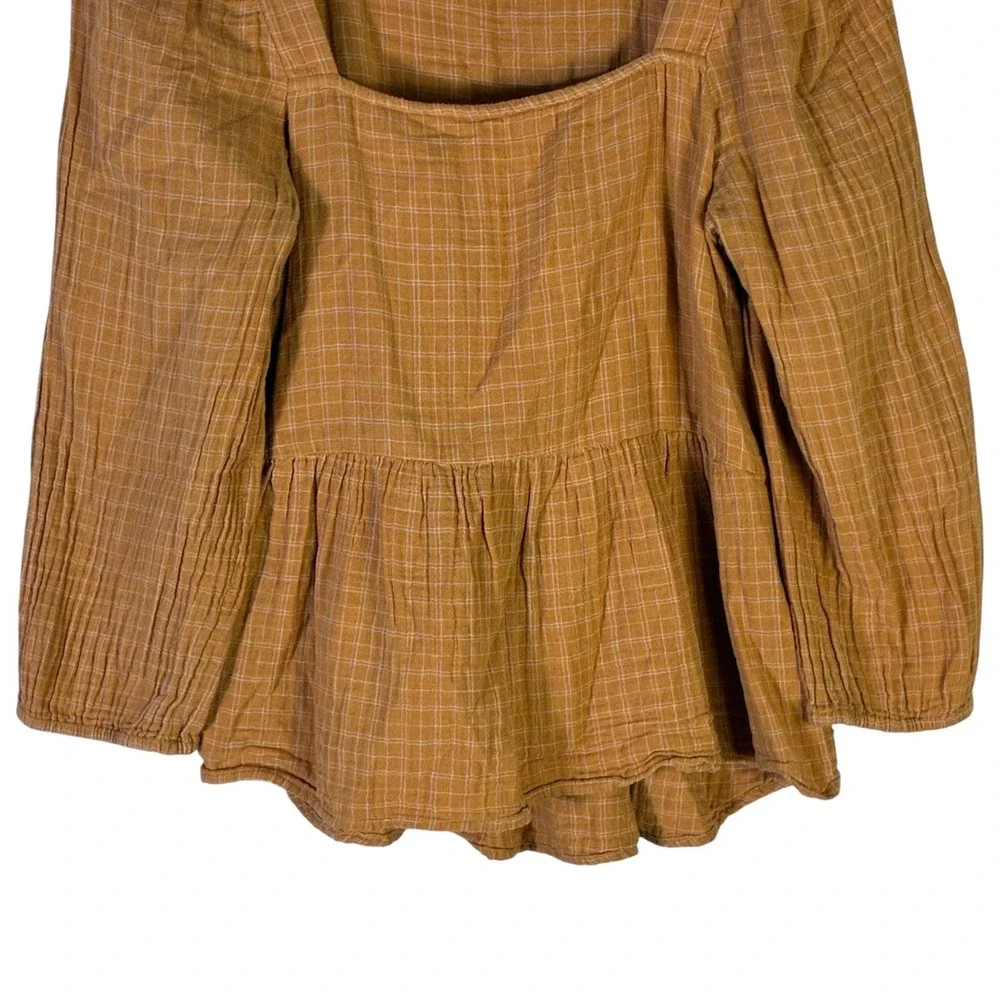 Madewell Millbrook Windowpane Peplum Top 100% Cotton Mustard Cottagecore Size XS